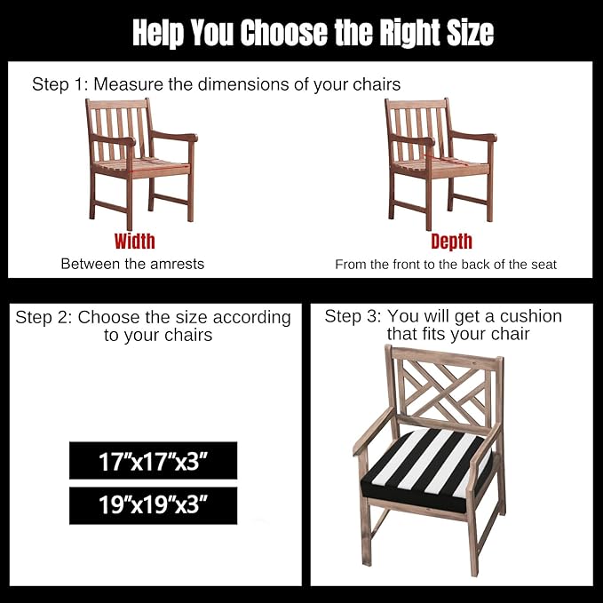 idee-home Outdoor Chair Cushions Set of 2, Thick 17" x 17" x 3" Outdoor Seat Cushions Patio Furniture Waterproof with Ties, Dining Pads