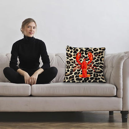 Coastal Leopard Lobster Pillow Covers 18x18, Leopard Print Home Decor, Lobster Decor, Nautical Beach Crawfish Throw Pillow Covers for Home Bedroom Living Room Sofa Couch