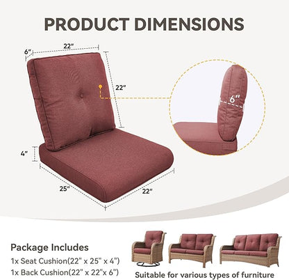 Outdoor Chair Cushions - 22" x 25" x 4" Patio Furniture Cushions with Water Resistant & Removable Cover, 28D High Density Sponge Patio Cushion for Outdoor Furniture Couch Rocker Chair, Red