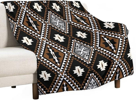 Rustic Western Throw Blanket, Southwestern Bohemian Ethnic Style Native Aztec Pattern Flannel Blanket for Sofa Bed, All Seasons 50"x60"