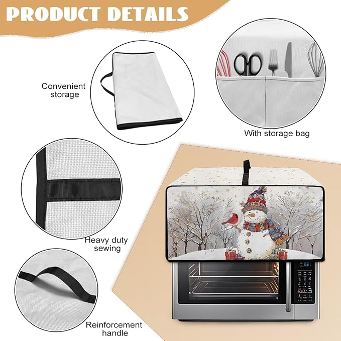Christmas Air Fryer Toaster Oven Dust Cover Dustproof Convection Oven Cover with Pockets for Small Kitchen Appliances, S, 14.5 x 18.5 x 9 Inches, Snowman Cardinal Bird Tree Star White
