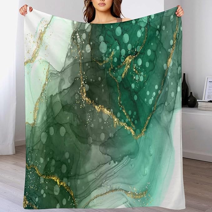 Modern Marble Blanket, Abstract Luxury Baroque Golden Lake Green Stone Veins Pattern Soft Warm Cozy Plush Flannel Covers for Livingroom Bedroom Couch Chair Camping Travel Home Decor Tapestry 30x40in