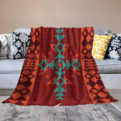 Aztec Throw Blanket, Red Native Southwestern Boho Blanket for Couch Bed Chair Outdoor Travel 50"x60"