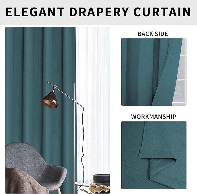 Easy-Going Linen Look Blackout Curtain 108 Inch Length Grommet Window Curtain for Bedroom, Living Room Thermal Insulated Room Darkening (Set of 2 Panels, Bluestone)