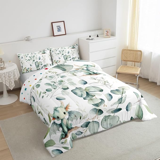 Erosebridal Boys Magic Animal Full Size Comforter Set Cute Dragon Bedding Set, Cartoon Wildlife Down Comforter Green Leaf Bed Set, Spring Garden Plant Quilted Duvet Child Kids Bedroom Decor
