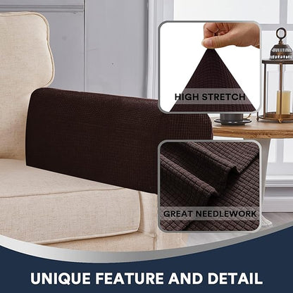 Stretch Sofa Arm Covers Spandex Jacquard Anti-Slip Couch Arm Covers with Sticker Furniture Armrest Protector for Sofa Couch Chair Recliner, Set of 2, Brown