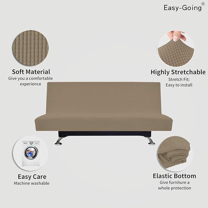 Easy-Going Stretch Futon Slipcover Armless Futon Bed Cover Furniture Protector Without Armrests with Elastic Bottom for Kids, Soft Jacquard Fabric Small Checks (Large, Natural)