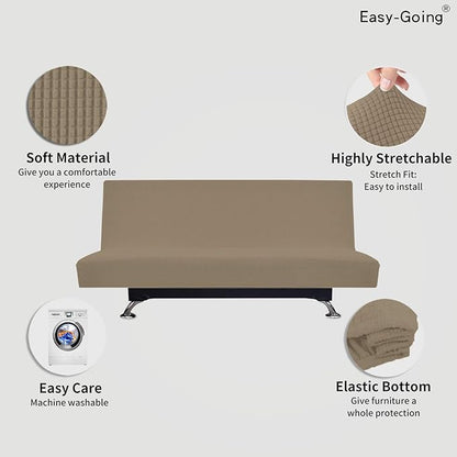 Easy-Going Stretch Futon Slipcover Armless Futon Bed Cover Furniture Protector Without Armrests with Elastic Bottom for Kids, Soft Jacquard Fabric Small Checks (Large, Natural)