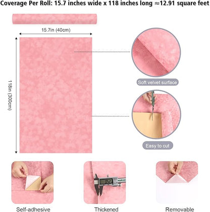 Coral Pink Drawer Liner Self Adhesive Velvet Flocking Liner for Jewelry Box Thick Felt Fabric Roll Soft Pink Velvet Wallpaper Peel and Stick for Cabinets Dressers Shelf Liners 15.7"x118"