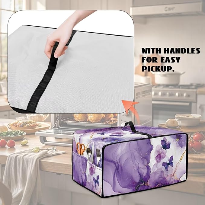 Countertop Microwave Oven Cover with Side Pockets, Dust Protection Small Appliance Toaster Ovens Dust Cover, L, 18.5 x 22.5 x 13 Inches, Violet White Marble Butterfly
