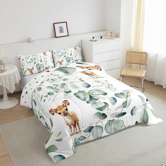 Erosebridal Cartoon Deer Queen Comforter Set Toddler Woodland Wildlife Bedding Set Queen, Plant Bedding Comforter Sets Eucalyptus Leaf Duvet Set, Jungle Animal Theme Quilted Comforter Kids Room Decor