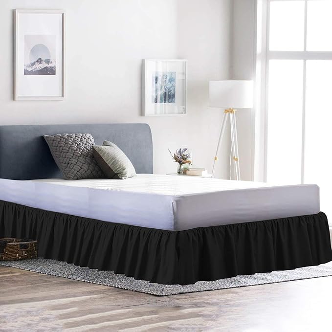 Bed Skirt - Ruffled Bed Skirt (King XL, Black) 12 Inch Drop Dust Ruffle with Platform, 100% Cotton 800 Thread Count Fabric - Dust Ruffle Bedskirt for Easy Fitting and Easy Care