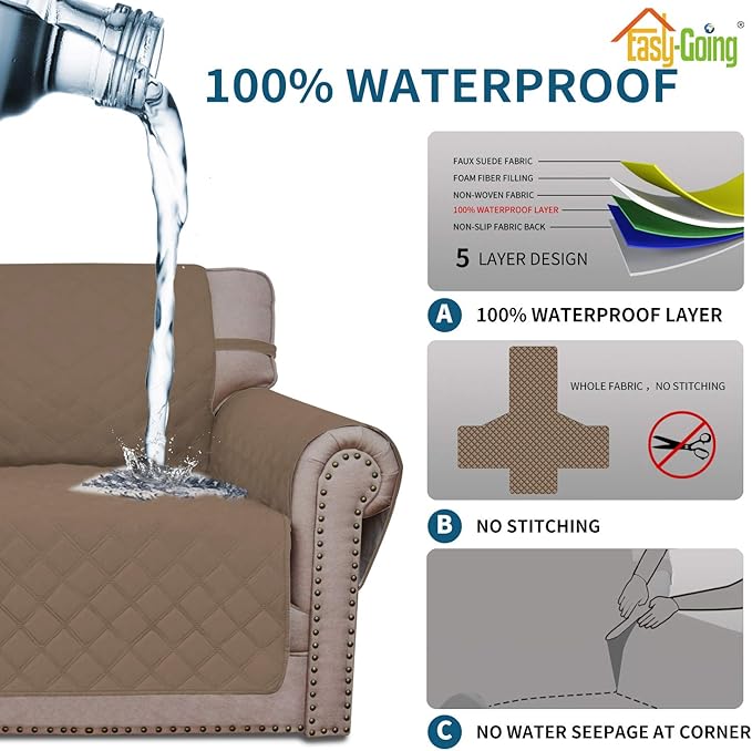 Easy-Going Sofa Slipcover Chair Cover Waterproof Couch Cover Washable Sofa Cover Non-Slip Fabric Furniture Protector with Pocket for Pets Covers Pets Kids Children Dog Cat (Chair, Camel)