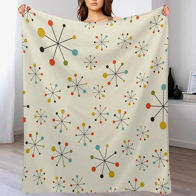 Mid Century Throw Blanket, Retro Abstract Geometric Pattern Boho 1950s 1960s Iconic Atomic Starbursts Modern Sputnik Print Blanket for Couch Sofa Bed Decorative Gifts 60"x80"