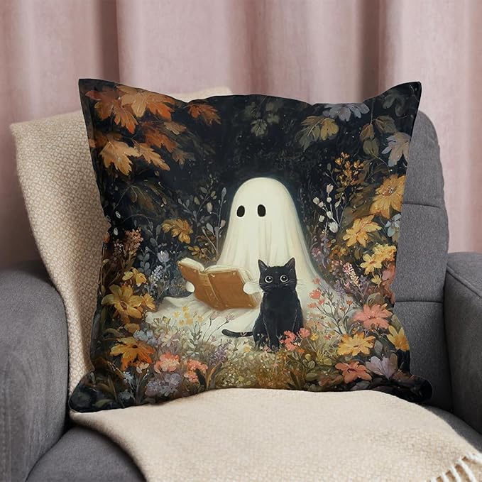 Vintage Floral Throw Pillow Covers, Vintage Flower Pattern Double Sided Cushion Cover, Indoor and Outdoor Home Art Decor Pillowcase for Sofa or Bedroom Decor 18x18inches (Ghost&Cat, 18x18inches)