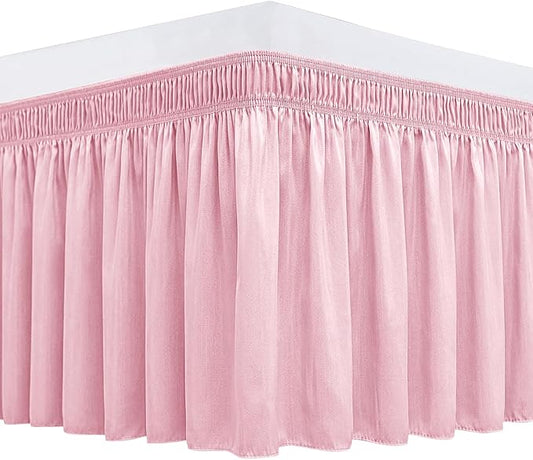 Biscaynebay Wrap Around Bed Skirts for Queen Beds 15" Drop, Pink Adjustable Elastic Dust Ruffles Easy Fit Wrinkle & Fade Resistant Silky Luxurious Fabric Machine Washable