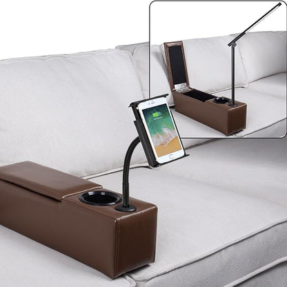 Sofa Armrest with Cup Holder, PU Leather Multifunctional Couch Arm Rest Insert, Removable Couch Caddy with Storage, Equipped with LED Reading Light & Wireless Charge Stand