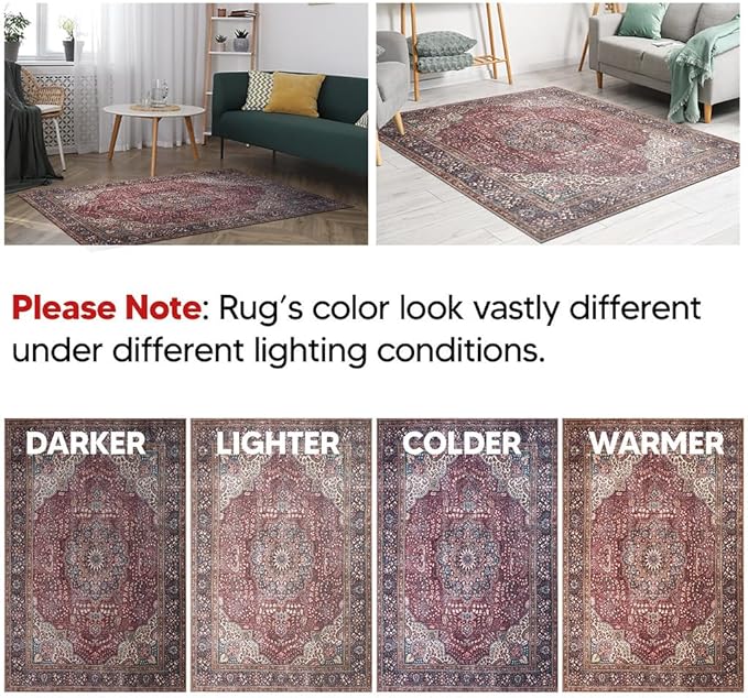 Keen Home Design 6x9 Rug - Machine Washable Area Rug with Non-Slip Backing, Ideal for Living Room, Dining Room, Bedroom - Vintage, Easy Clean, Durable, Low Pile Rug - (6' x 9')