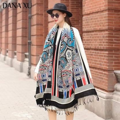 DANA XU 100% Merino Wool Pashmina Shawl for Women 96"x43", Oversized Cashmere Wrap with Tassels, Floral Travel Blanket Cape
