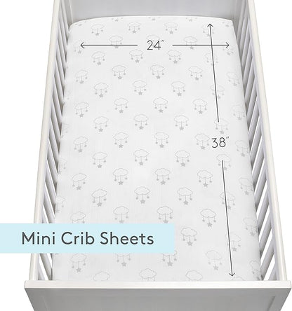 Newton Baby Mini Crib Fitted Sheets (2-Pack) | Organic Muslin Cotton, Breathable & Soft Baby Sheets, Washable Baby Mattress Sheets, Fits Any Mini Sized Crib 24" x 38", Wishing on a Star Print + White