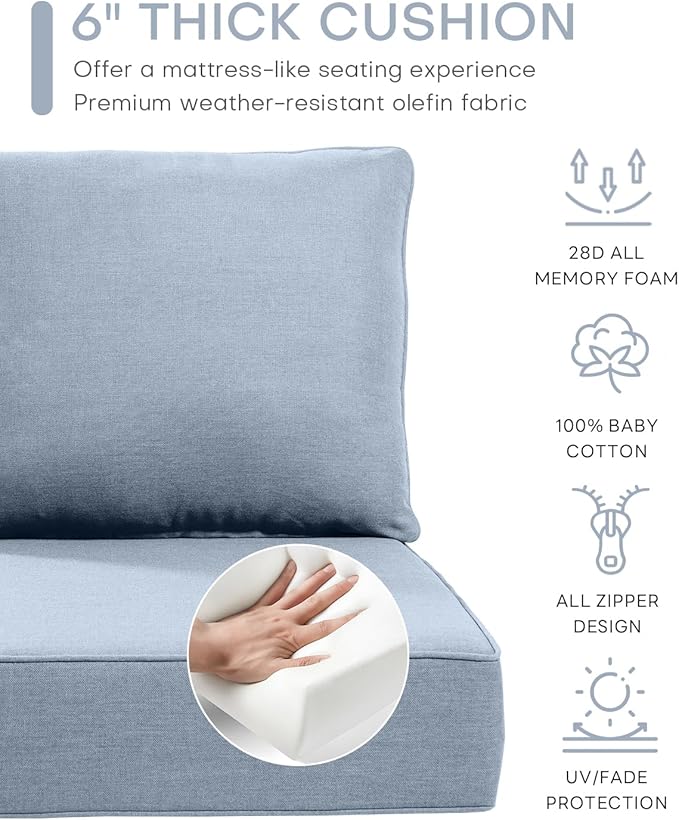 Luxury 24x24x6 Inch Outdoor Chair Cushions Set of 4 - Heavy Duty Water-Resistant Comfy Cushion for Patio Furniture Set Dining Gliding Rocking Chairs Loveseat L-Shape Sofa - Baby Blue