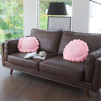 Boho Round Throw Pillow with Cute Handmade Pom Poms Tassels 18 Inch, Decorative Circular Knitted Crochet Cushion for Couch, Sofa, Chair, Bed, Pink