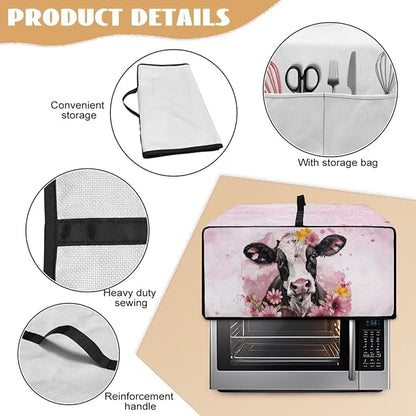 Air Fryer Toaster Oven Dust Cover Washable Fabric Convection Oven Protector with Storage Pockets, M, 16.5 x 20.5 x 10 Inches, Cow Pink Flower Pattern