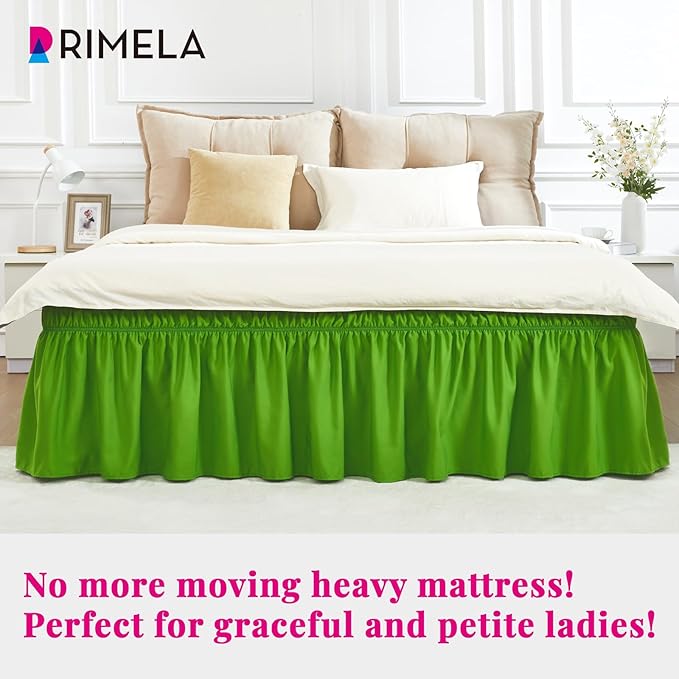 RIMELA Green Bed Skirt King Size 18 Inch Drop, Elastic Bed Skirting for Bed Base and Frame, Bedding Dust Ruffle Easy to Install, Lightweight Wrap Around Adjustable Bedskirt