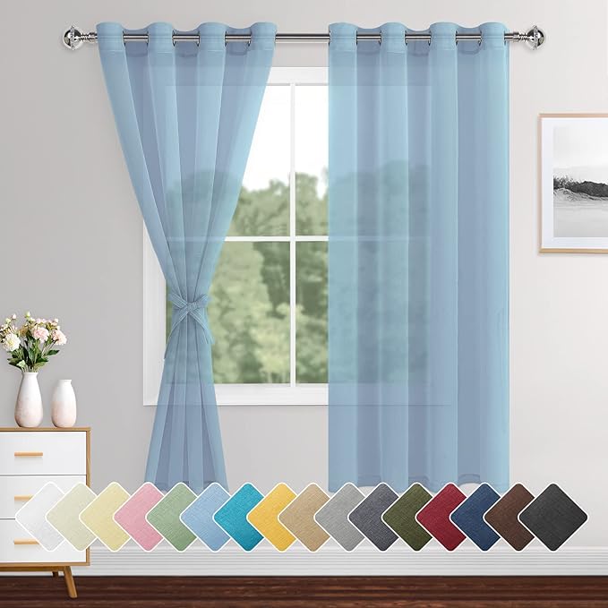 XWZO Sheer Curtains for Bedroom, Light, Airy & Light Filtering Grommet Window Curtains for Living Room, Sliding Door with Tiebacks, Sky Blue, 52 x 63 Inches Length, Set of 2 Panels