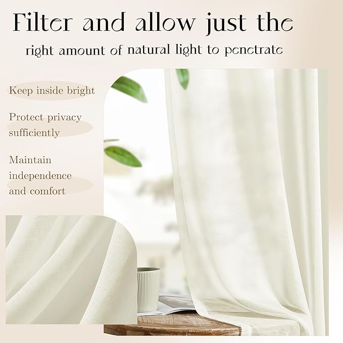 Dreaming Casa Ivory Sheer Curtains 204 Inches Long, Rod Pocket & Back Tab Light Filtering Textured Sheers for Living Room Bedroom, 2 Panels, Each 52" W x 204" L
