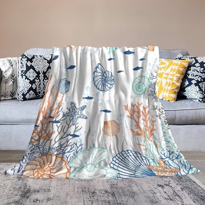 Nautical Coastal Blanket, Starfish Seashell Coral Beach Themed Drapes Ocean Orange Blue Teal Conch Print Throw Blankets for Sofa Couch Bed Room Birthday Decor, 40"x50"