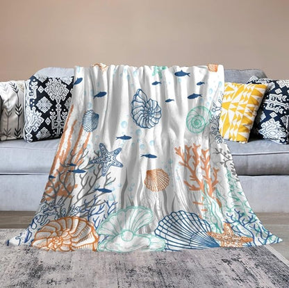 Nautical Coastal Blanket, Starfish Seashell Coral Beach Themed Drapes Ocean Orange Blue Teal Conch Print Throw Blankets for Sofa Couch Bed Room Birthday Decor, 40"x50"