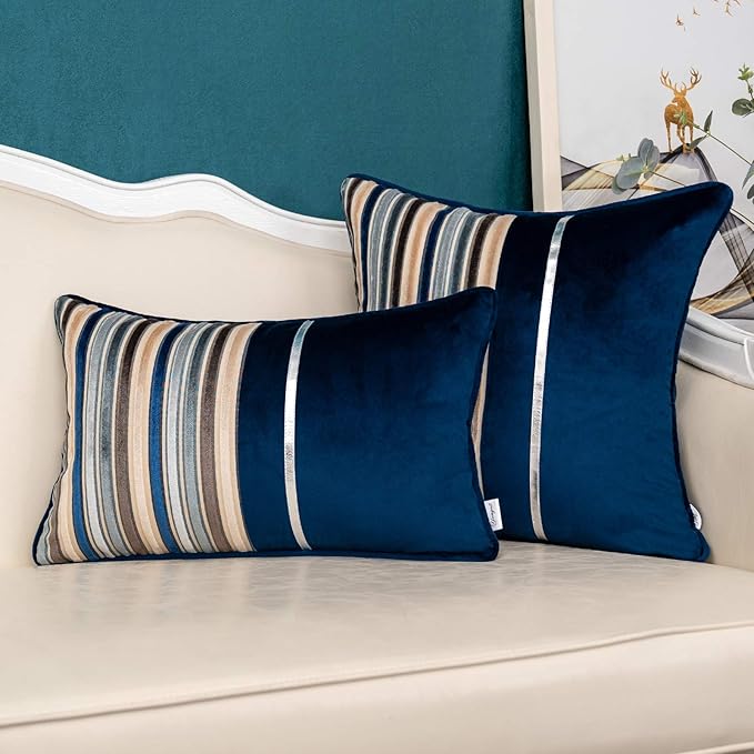 Yangest Navy Striped Patchwork Throw Pillow Cover Silver Leather Cushion Cover Zippered Pillowcase for Sofa Couch Bedroom Living Room Home Christmas Decoration,20x20 Inch