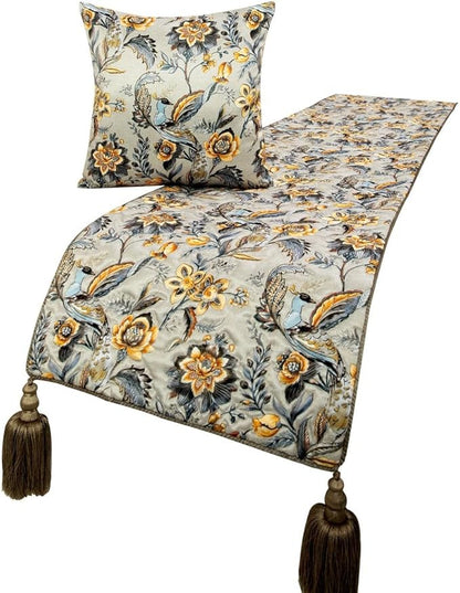The HomeCentric King/Queen/Twin Grey & Yellow Decorative Full 68"x18" Bed Runner Without Pillow Cover, Peacock, Quilted & Tassels Bed Scarf on Satin Fabric - Peacock Swag