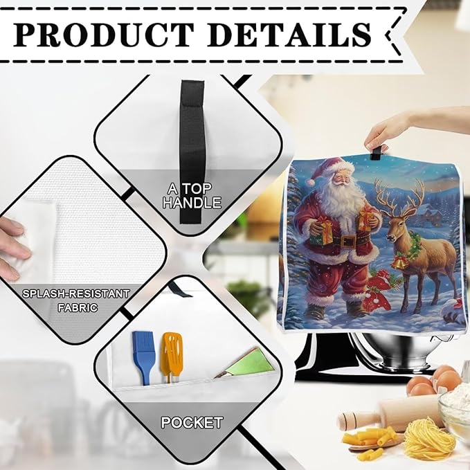 Christmas Stand Mixer Cover for Kitchen Aid 4.5-5 Qt Mixer, Santa Claus Elk Small Appliance Dust Covers Universal for Air Fryers, Coffee Makers, Christmas Kitchen Decor