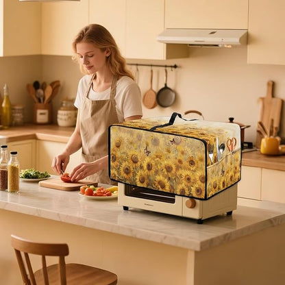 Microwave Oven Cover Dustproof Air Fryer Toaster Oven Protector with Storage Pockets, Stain-resistant Small Appliance Cover for Kitchen Decor, S, Sunflower Butterfly