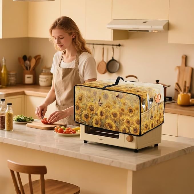 Microwave Oven Cover Dustproof Air Fryer Toaster Oven Protector with Storage Pockets, Stain-resistant Small Appliance Cover for Kitchen Decor, L, Sunflower Butterfly