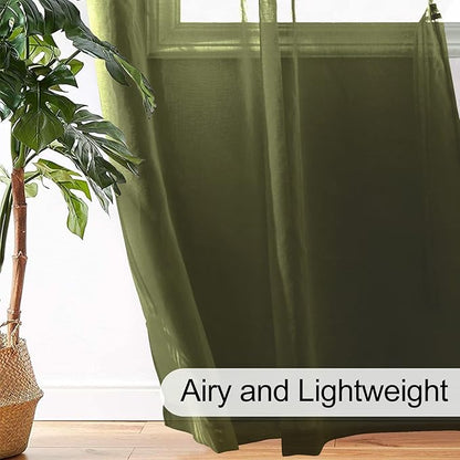 XWZO Sheer Curtains 95 Inches Long for Living Room with Tiebacks, Soft & Lightweight Grommet Voile Window Curtains for Bedroom, Kitchen, Basement, Olive Green, Set of 2 Panels, 52 x 95 Inches Long