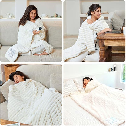 Heated Blanket 84"X90",Fast Heating Blanket with 6 Heat Levels 10 Hours Auto-Off Overheat Protection,Stripe Faux Rabbit Fur Soft Warm Electric Blanket, ETL Certified,Cream