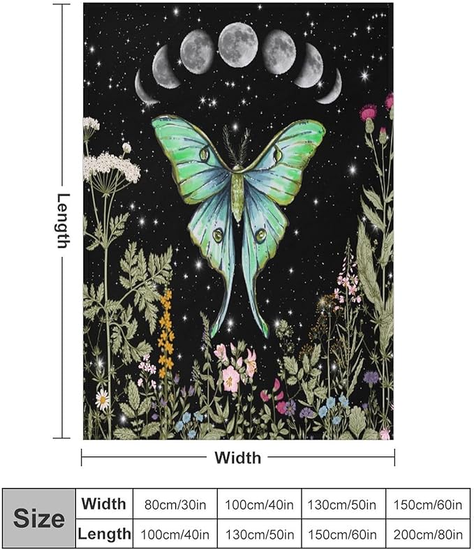 Moth Floral Flannel Blanket, Gothic Witchy Moon Phase Botanical Vintage Wildflower Plantsprint Soft Warm Fuzzy Throw Blanket for Couch Sofa Office Bed, 30"x40"