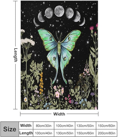 Moth Floral Flannel Blanket, Gothic Witchy Moon Phase Botanical Vintage Wildflower Plantsprint Soft Warm Fuzzy Throw Blanket for Couch Sofa Office Bed, 30"x40"