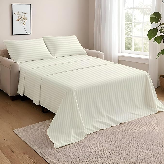 NON Sticky cotton Full Size Sleeper Sofa Sheets, 4 Piece Egyptian Cotton Bed Sheet Set for Sofa Bed, 8" Deep Pocket for Pull Out Couch Mattress, 54" x 75", Ivory Stripe, Soft & Breathable