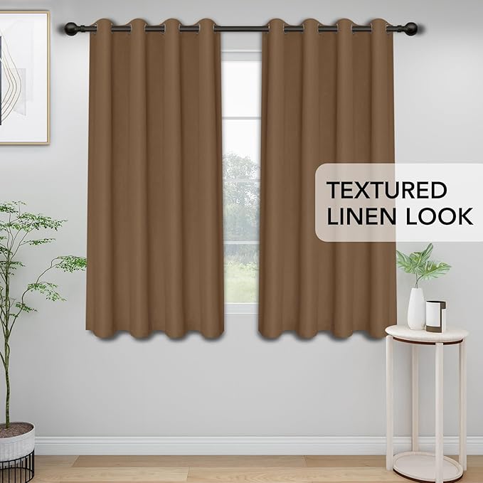 Easy-Going Linen Look Blackout Curtain Grommet Window Curtain Drapes for Bedroom, Living Room Thermal Insulated Room Darkening (2 Panels, 52x84 inch, Brown)