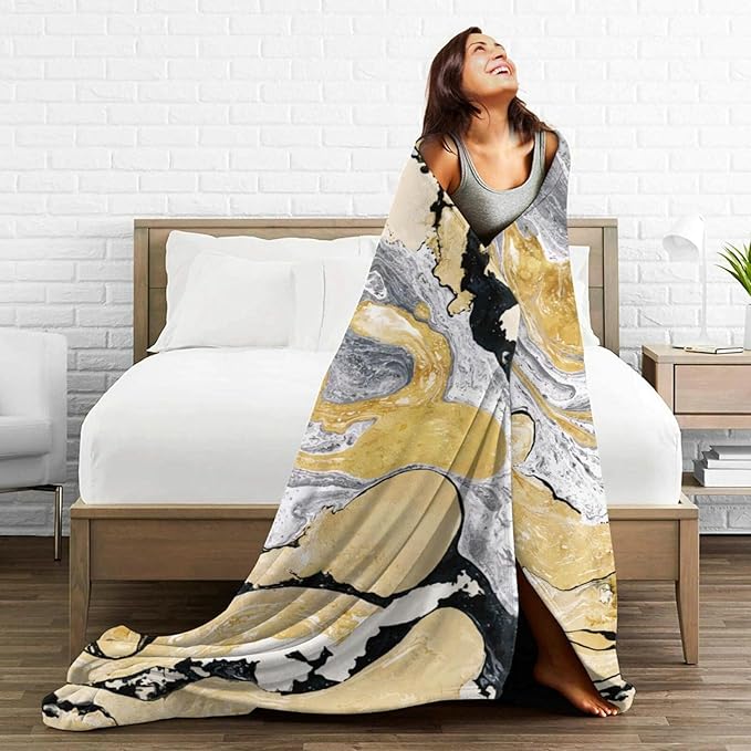 HGOD DESIGNS Gold Golden and Silver Marble Ink Abstract Painting Flannel Fleece Bed Blanket Throw Blanket Lightweight Cozy Plush Blanket for Bedroom Living Rooms Sofa Couch 40"x50"