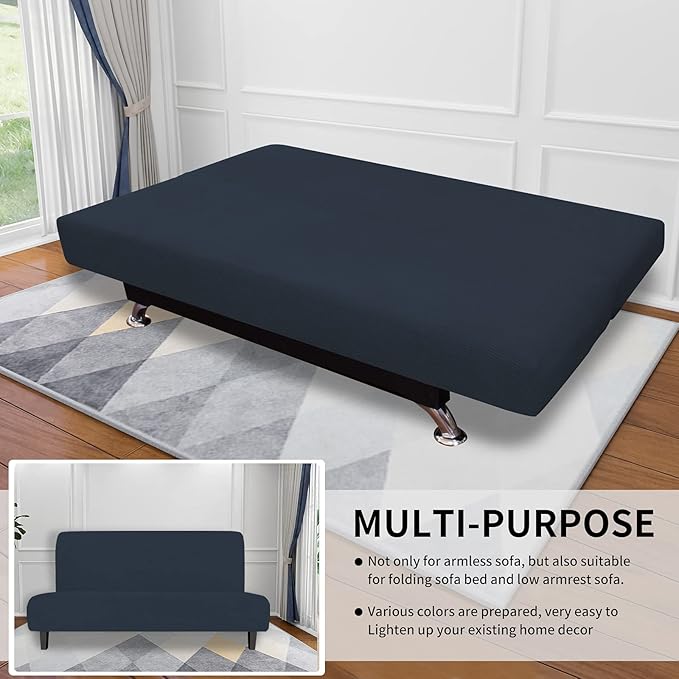 Easy-Going Stretch Futon Slipcover Armless Futon Bed Cover Furniture Protector Without Armrests with Elastic Bottom for Kids, Soft Jacquard Fabric Small Checks (Large, Dark Blue)