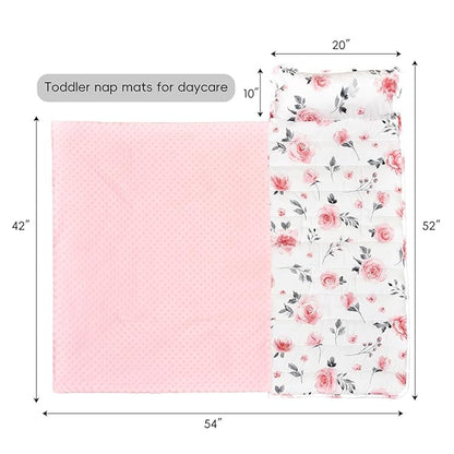 david's kids Toddler Nap Mat with Pillow and Minky Fleece Blanket, Ultra Soft Slumber Bags for Girls, Perfect for Preschool, Daycare, Kids Sleeping Bags with Rollup Design, 50"x20", Floral Flowers