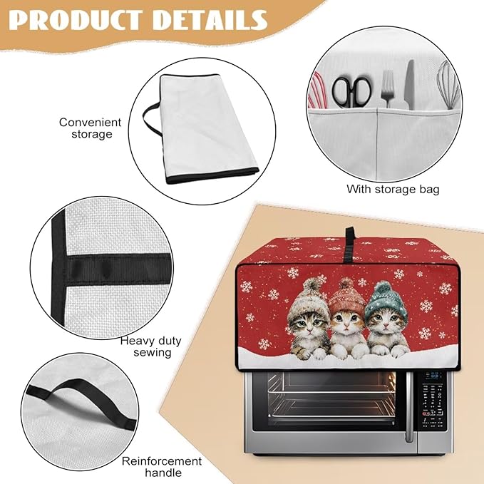 Toaster Oven Cover Dustproof Protective Countertop Convection Oven Cover with Side Pockets for Christmas Holiday Decorations, M, 16.5 x 20.5 x 10 Inches, Cat Snowflake Red
