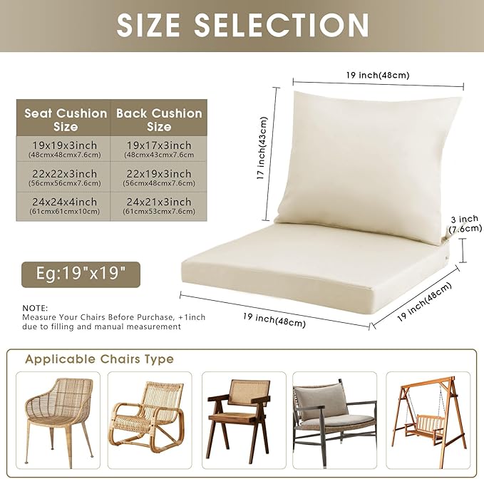Outdoor Seat Cushion Set 24 x 24 In, Water-Resistant & Fade-Resistan, Patio Furniture Cushions with Removable Cover Deep Seat & Back Cushion with Handle and Adjustable Straps for Chair Sofa,2PC