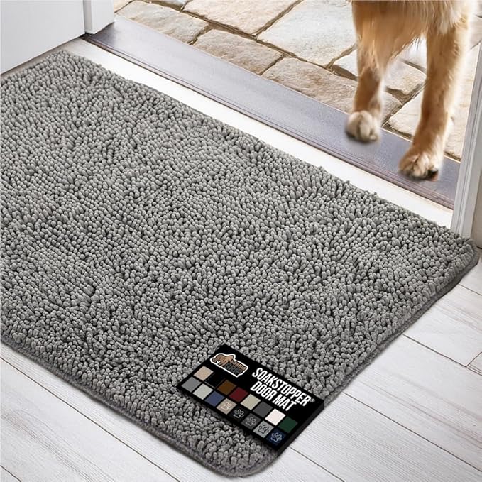 GORILLA GRIP SOAKSTOPPER Dog Door Mat, 35x24 Machine Washable Rug Absorbent Doormat Captures Moisture Mud Dirt, Quick Dry Soft Chenille Entryway Rugs Indoor Entrance Mats for Dog Paws, Gray