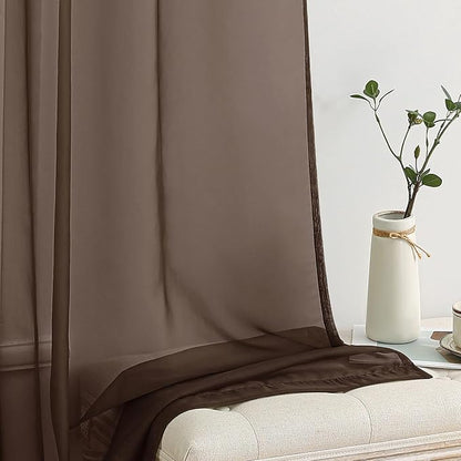 MIULEE Short Chocolate Brown Sheer Curtains 45 Inches Long, Light Filtering Voile Drapes with Rod Pocket for Bathroom Windows, Small Window Treatments, 2 Panels Set